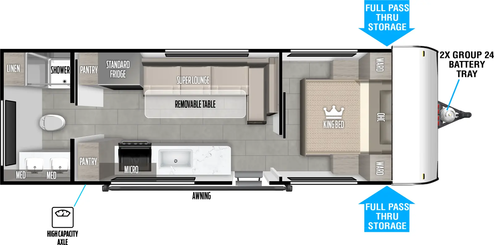 The Wildwood FSX 233RBLE floorplan has one entry and zero slide outs. Exterior features include: metal or fiberglass exterior. Interiors features include: front bedroom and rear bathroom.